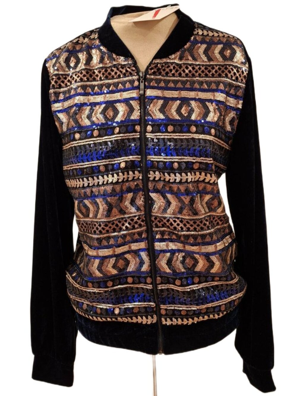 ALLURE by Julia K Blue Velvet Gold Blue Sequin Geometric Zip Jacket Size M